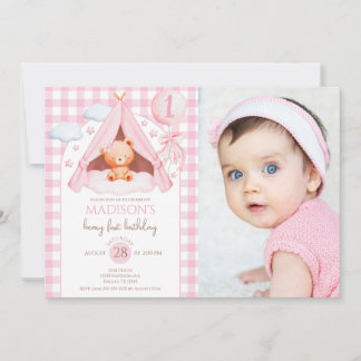 Gingham Teddy Bear Balloon Photo Girl 1st Birthday Invitation