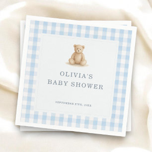 Gingham Teddy Bear Blue Boy Baby Shower Party Napkin