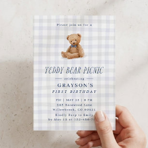 Gingham Teddy Bear Picnic First Birthday Invitation