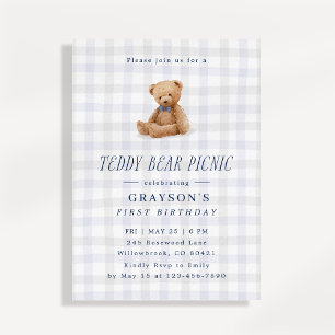 Gingham Teddy Bear Picnic First Birthday  Invitation