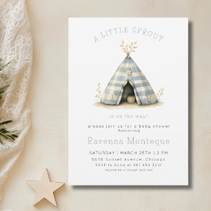 Gingham Tent Little Sprout Clean Baby Shower Invitation
