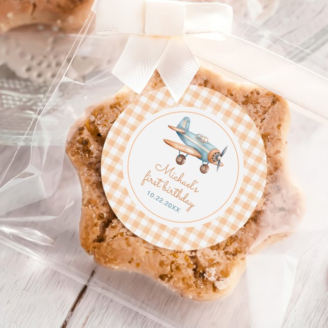 Gingham Time Flies Aeroplane First Birthday Classic Round Sticker (Creator Uploaded)