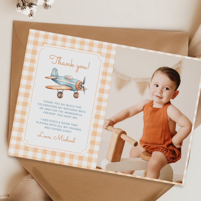 Gingham Time Flies Aeroplane First Birthday Photo Thank You Card (Creator Uploaded)