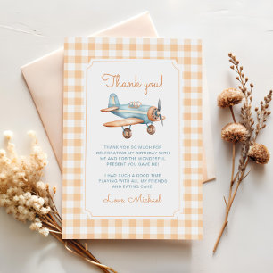 Gingham Time Flies Aeroplane First Birthday Thank You Card