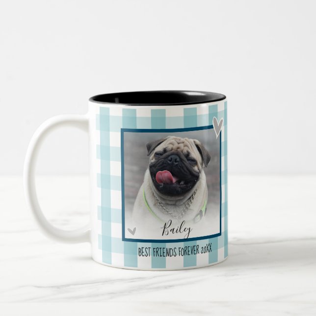 Gingham Two Photo Pet Name Custom Two-Tone Coffee Mug (Left)