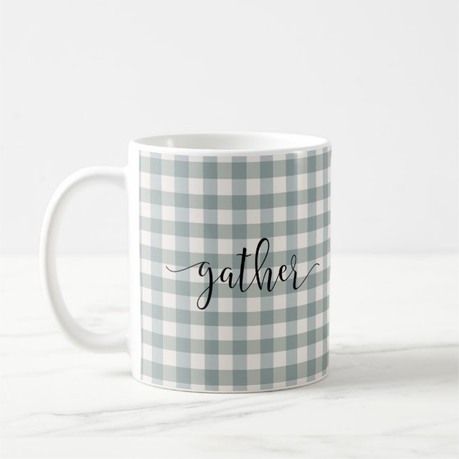 Gingham Typography Plaid Script “Gather” Country Coffee Mug (Left)