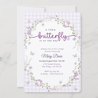 Gingham Watercolor Lavender Butterfly Baby Shower Invitation