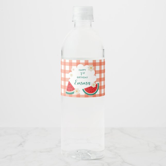 Gingham Watermelon Bottle Wrappers Water Bottle Label (Front)