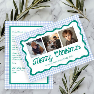 Gingham Wavy Blue Green Christmas Custom 3 Photo  Holiday Card
