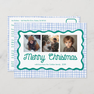 Gingham Wavy Blue Green Christmas Custom 3 Photo  Holiday Postcard