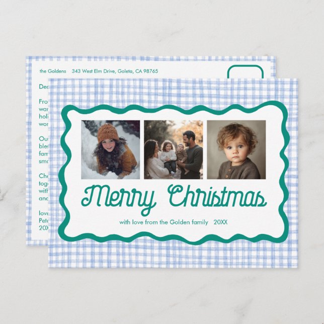 Gingham Wavy Blue Green Christmas Custom 3 Photo  Holiday Postcard (Front/Back)