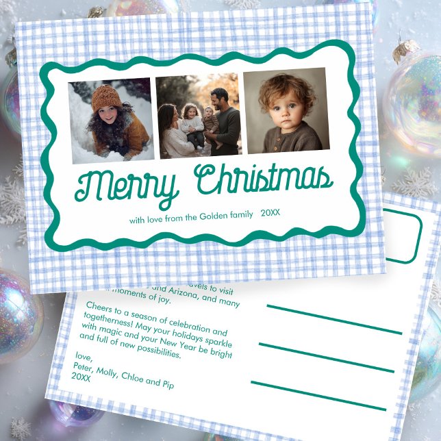 Gingham Wavy Blue Green Christmas Custom 3 Photo  Holiday Postcard (Gingham Wavy Blue Green Christmas Custom 3 Photo Holiday Postcard
)