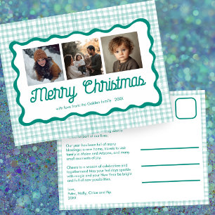 Gingham Wavy Green Christmas Custom 3 Photo  Holiday Postcard