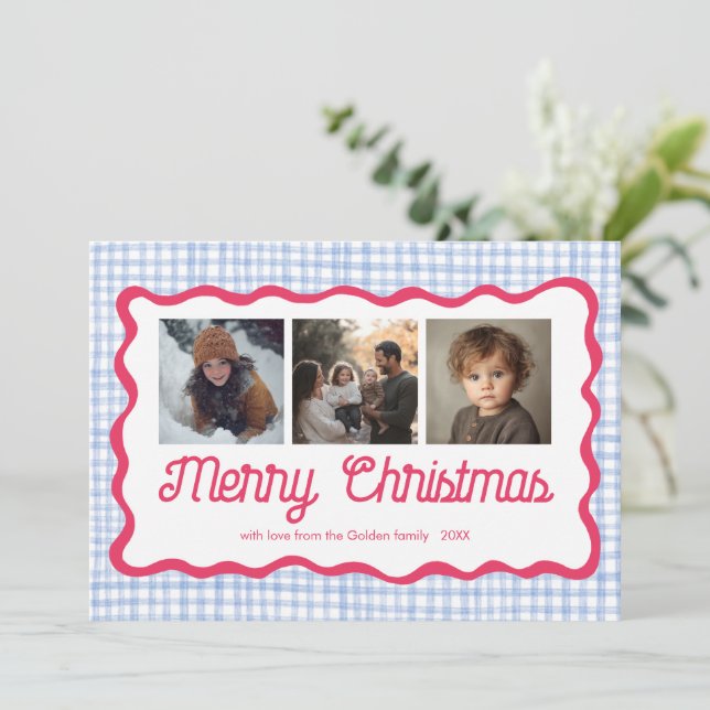 Gingham Wavy Pink Blue Christmas Custom 3 Photo  Holiday Card (Standing Front)