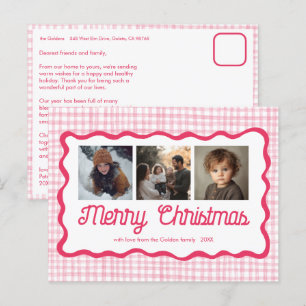 Gingham Wavy Pink Christmas Custom 3 Photo Holiday Postcard
