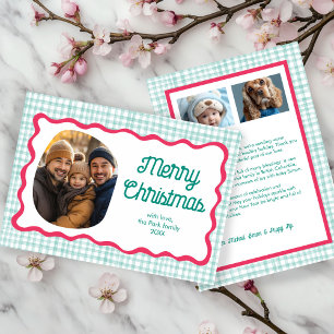 Gingham Wavy Pink Green Christmas Custom 3 Photo  Holiday Card