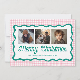 Gingham Wavy Pink Green Christmas Custom 3 Photo  Holiday Card