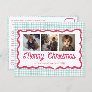 Gingham Wavy Pink Green Christmas Custom 3 Photo  Holiday Postcard
