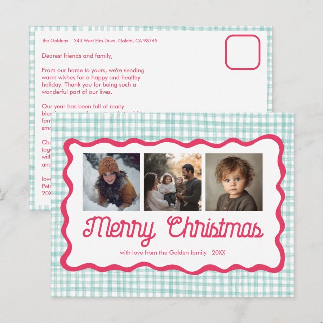 Gingham Wavy Pink Green Christmas Custom 3 Photo  Holiday Postcard (Front/Back)