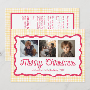 Gingham Wavy Pink Yellow Christmas Custom 3 Photo  Holiday Card