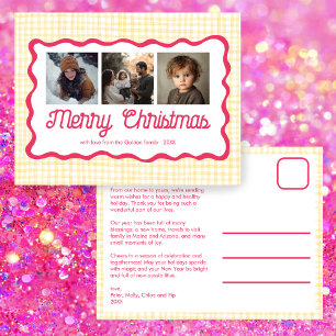 Gingham Wavy Pink Yellow Christmas Custom 3 Photo Holiday Postcard