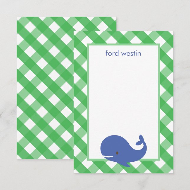 Gingham Whale Personalised Note Cards (Front/Back)