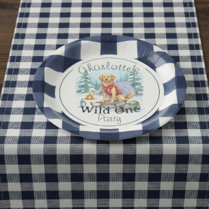 Gingham Wild One Golden Retriever 1st Birthday Paper Plate