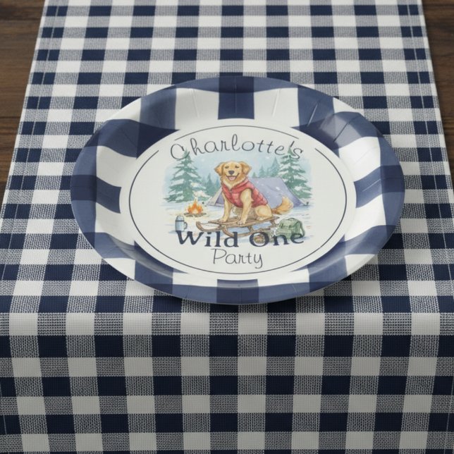 Gingham Wild One Golden Retriever 1st Birthday Paper Plate (Celebrate your wild one’s special day with this Gingham Wild One Golden Retriever 1st Birthday!)