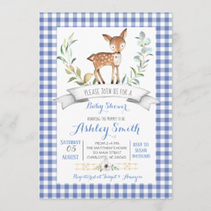 Gingham woodland deer baby shower invitation