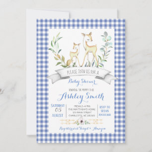 Gingham woodland deer baby shower invitation
