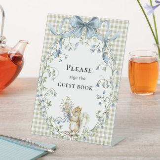 Gingham Woodland Squirrel Baby Shower Guest Book  Pedestal Sign