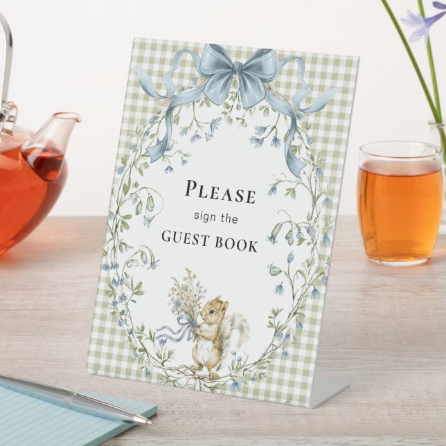 Gingham Woodland Squirrel Baby Shower Guest Book  Pedestal Sign (In SItu)