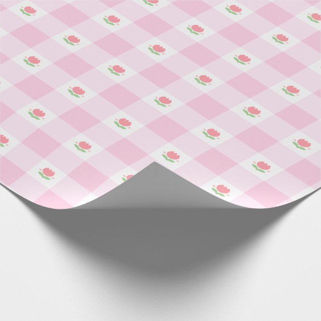 Gingham Wrapping paper Pastel Pink with Tulip (Corner)