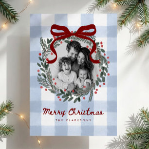 Gingham Wreath Photo Christmas Card