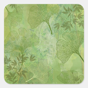 Ginkgo and Bamboo Leaves - Green Colours Square Sticker