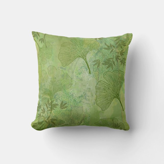 Ginkgo and Bamboo Leaves Pattern in Green Cushion (Front)