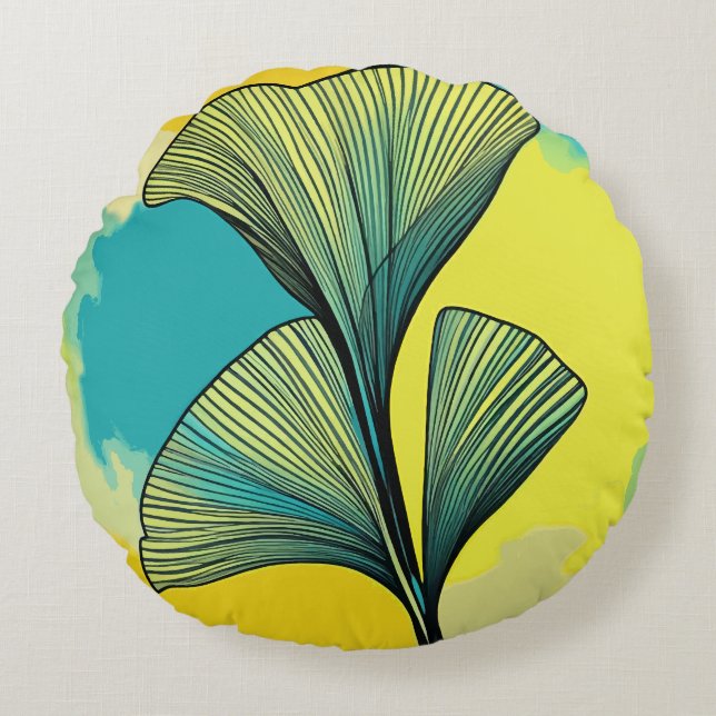 Ginkgo Biloba Leaf Patterned Round Pillow: Harmony Round Cushion (Front)