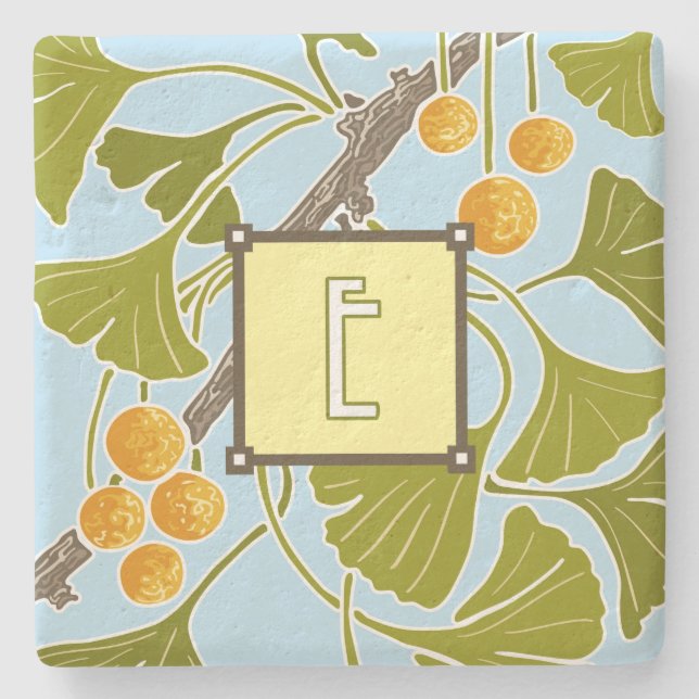 Ginkgo Dance Monogram Letter E Stone Coaster (Front)
