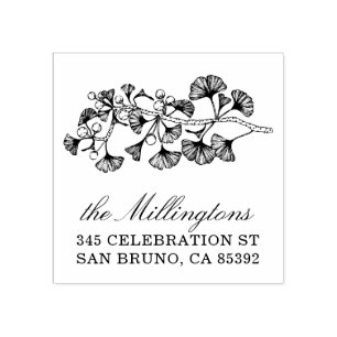Ginkgo Illustration Name Script & Return Address Rubber Stamp