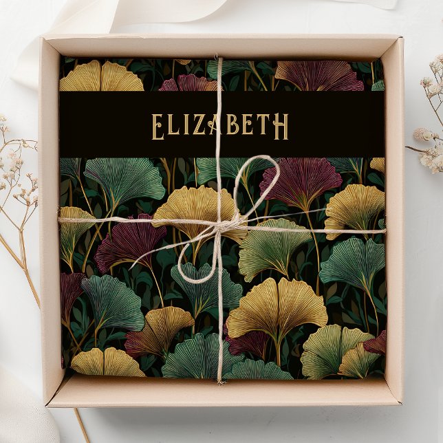 Ginkgo Leaf Pattern Monogram Name Teal Burgundy  Tissue Paper (Creator Uploaded)