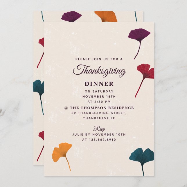Ginkgo Leaf Watercolor Fall Autumn Thanksgiving Invitation (Front/Back)