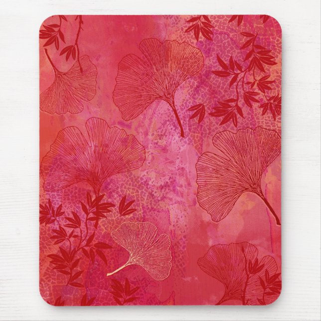 Ginkgo Leaves Foliage Overall Pattern Red Colours Mouse Mat (Front)