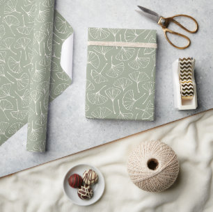 Ginkgo Leaves Japandi Neutral Botanical Sage Green Wrapping Paper