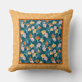Ginkgo Leaves on Ocean Blue with Gold Border Cushion
