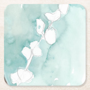 Ginkgo on Dusty Teal - White Square Paper Coaster