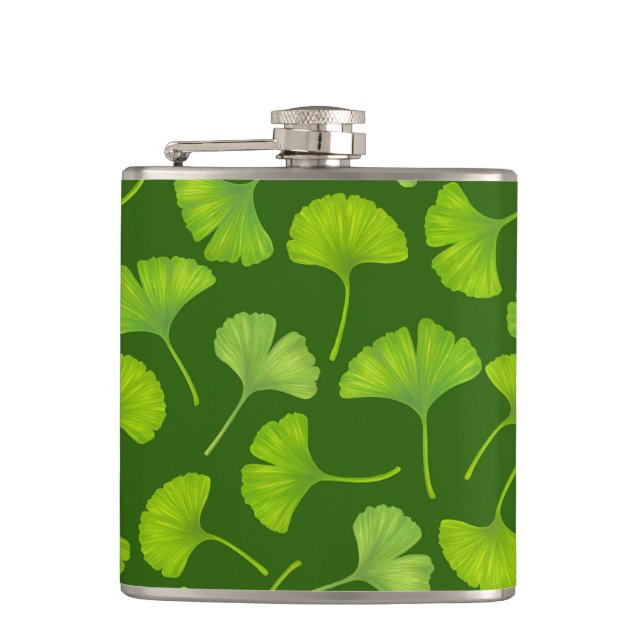 Ginkgo pattern on dark green hip flask (Front)