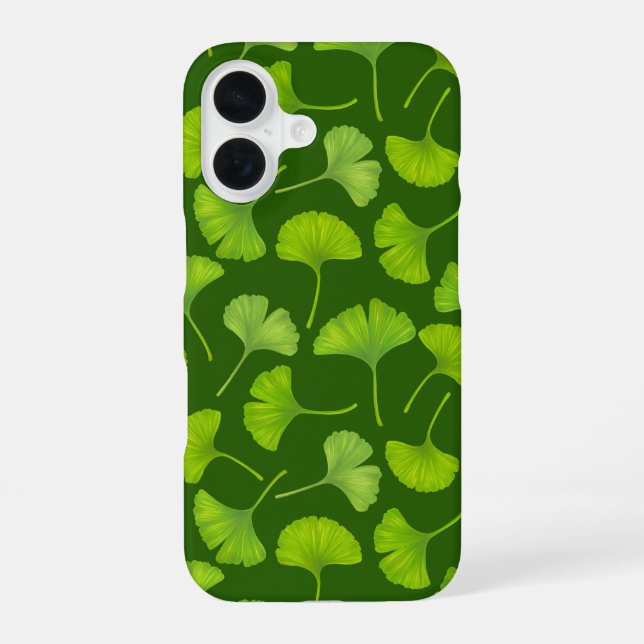 Ginkgo pattern on dark green iPhone 16 case (Back)