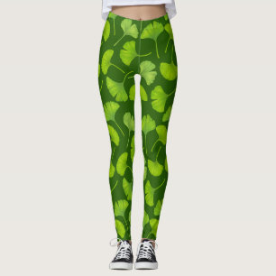 Ginkgo pattern on dark green leggings
