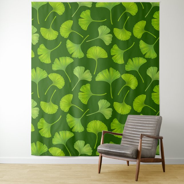 Ginkgo pattern on dark green tapestry (In Situ)