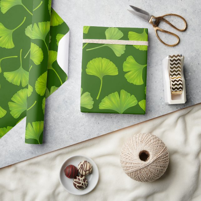 Ginkgo pattern on dark green wrapping paper (Crafts)